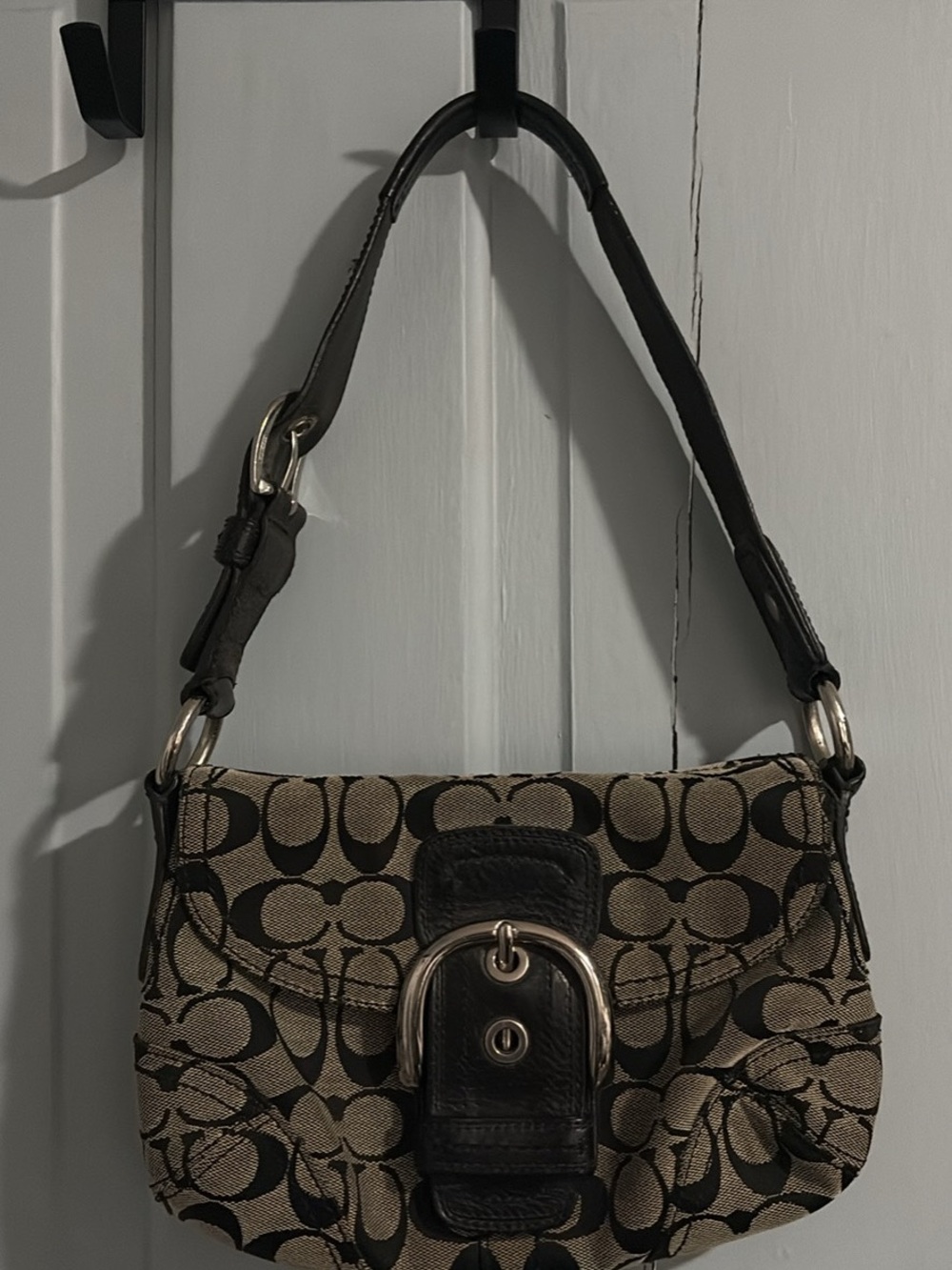 Coach Black and Brown Signature Canvas Shoulder Bag with Buckle